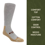 Gray and brown sock with feature text on a green background