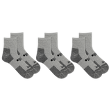 Three pairs of gray socks with black accents on a white background