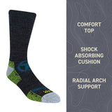Black sock with green accents on a white background, featuring text about sock features.