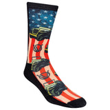 A pair of crew socks with a patriotic theme featuring Jeep vehicles and the American flag