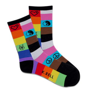 A pair of multicolored women's crew socks with various symbols and the brand name 'K.Bell' on the ankle area.