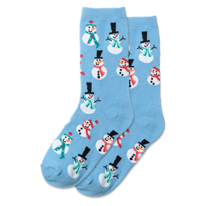 Blue socks with snowman pattern on a white background