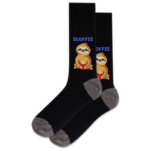 Black socks with sloth graphics and 'SLOFFEE' text on a white background