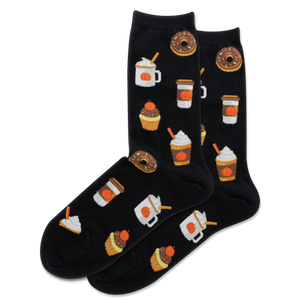Black socks with colorful coffee and dessert designs on a white background