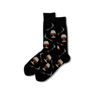 A pair of men's crew socks with a design that includes cognac glasses and cigars on a black background.
