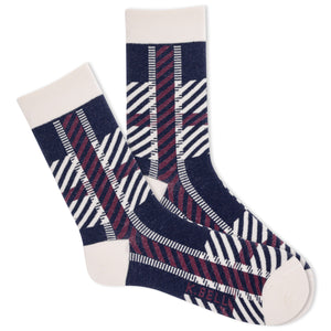 Women's K.Bell crew socks with a white, navy and red plaid pattern.