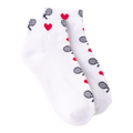 A pair of white ankle socks with a pattern of red hearts and black tennis rackets on a plain white background.