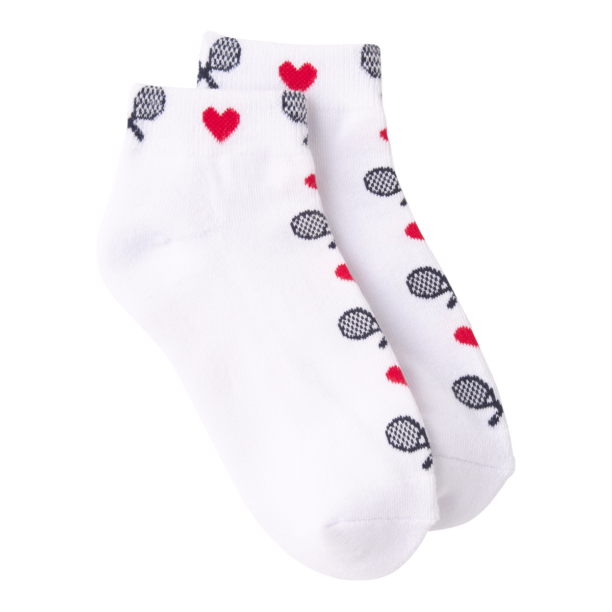 A pair of white ankle socks with a pattern of red hearts and black tennis rackets on a plain white background.