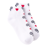 A pair of white ankle socks with a pattern of red hearts and black tennis rackets on a plain white background.