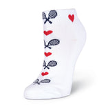 A single white ankle sock with a pattern of navy blue crossed tennis rackets and red hearts, shown on a clean white background. thumbnail