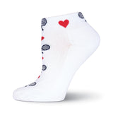 A single white ankle sock with a pattern of red hearts and black tennis rackets, shown on a clean white background. thumbnail