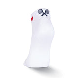 A single white ankle sock with a small red heart and a black crossed tennis racket graphic on the instep, shown against a plain white background.