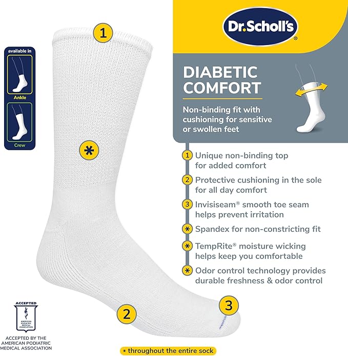 Dr. Scholl's diabetic comfort sock with features listed on a yellow and gray background