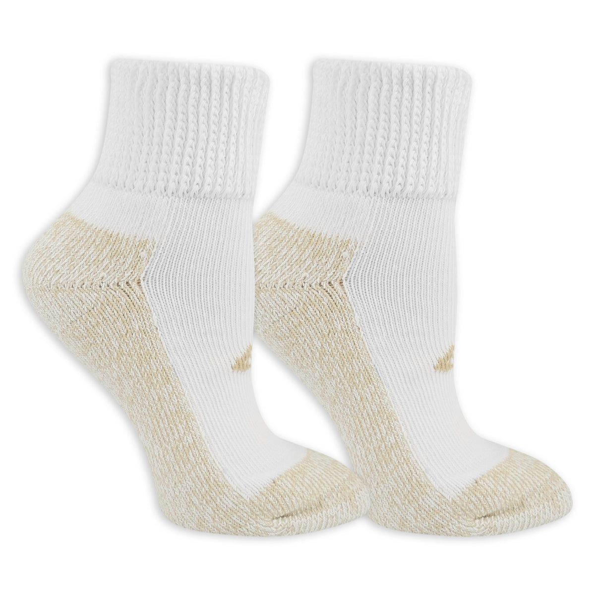 Pair of white socks with beige accents on a white background