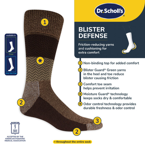 Dr. Scholl's blister defense sock with features listed on a white background