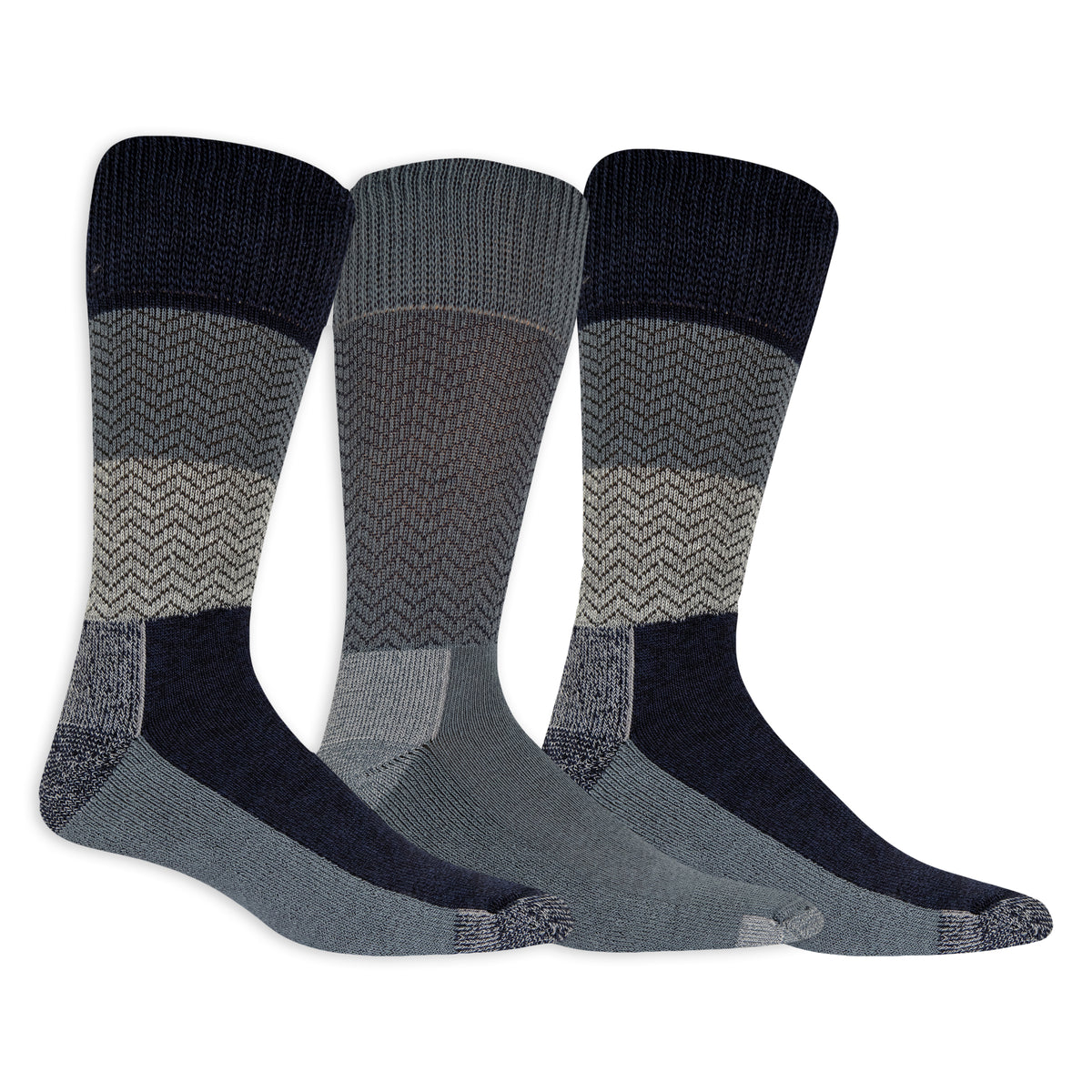 Three pairs of patterned socks in black, gray, and navy on a white background