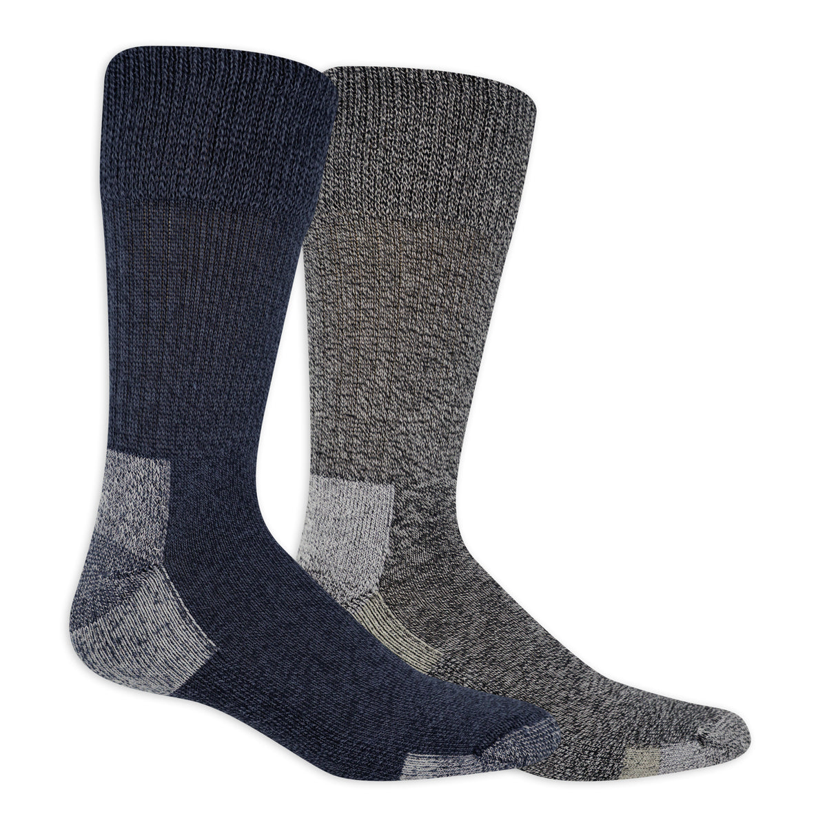 Two pairs of socks, one navy and one gray, on a white background