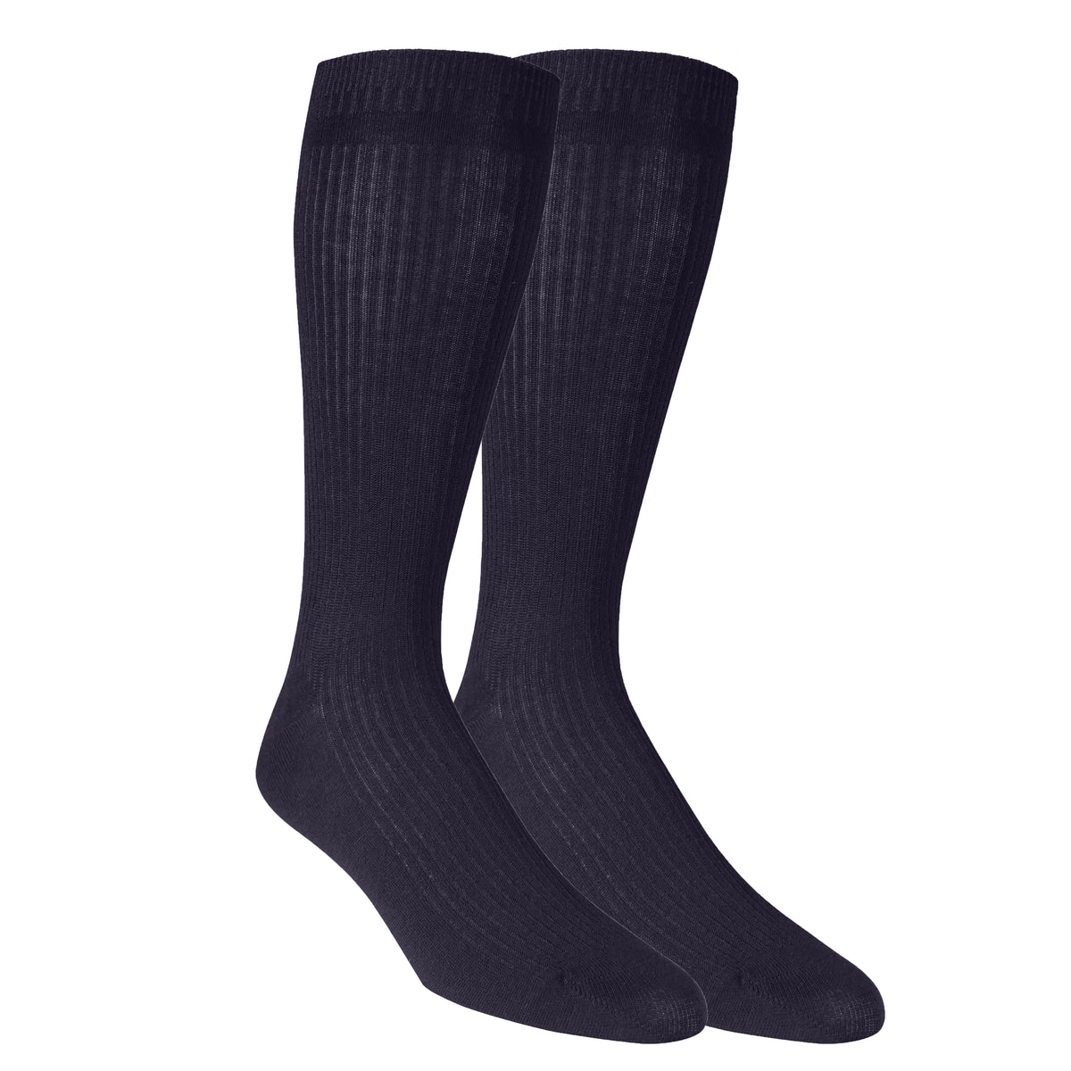 A pair of black ribbed men's dress crew trouser socks.