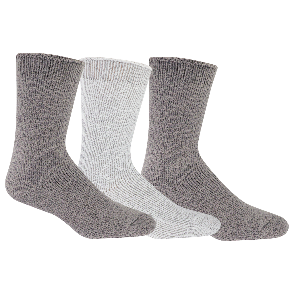 Three pairs of socks, two gray and one white, on a white background