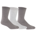 Three pairs of socks, two gray and one white, on a white background
