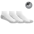 Three white ankle socks with gray grip patterns on the sole and heel, arranged in a row on a white background with a silver 'Design Excellence Awards Finalist' badge in the top right corner.