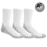 Three pairs of white crew socks with gray honeycomb patterned heels and toes, displayed on a clean white background with an 'AC Design Excellence Awards Finalist' badge in the top right corner.