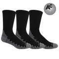 Three black crew socks with gray textured grip zones and gray toes, shown on a white background with a silver award badge in the top right.