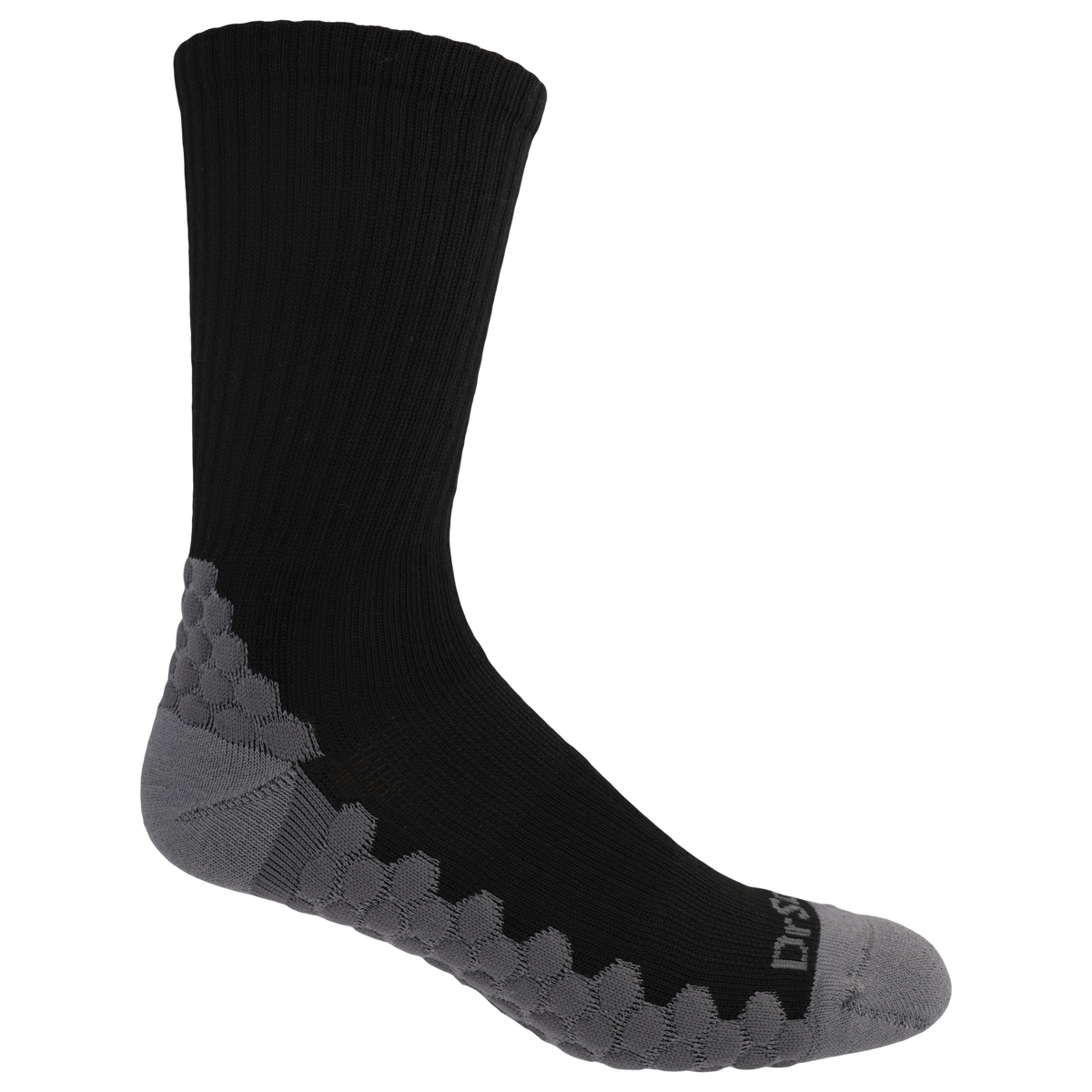 Black sock with gray toes and heel on a white background