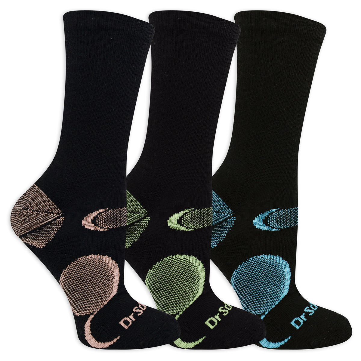 Three pairs of black socks with colorful designs on a white background