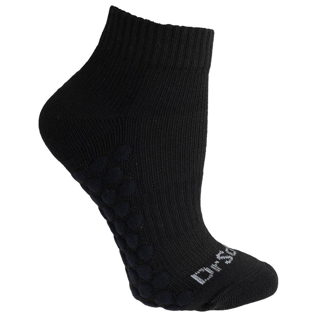 Black sock with textured sole on a white background