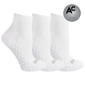 Three white ankle socks with raised bubble grip panels on the sole, shown on a white background with a silver award badge in the top right.