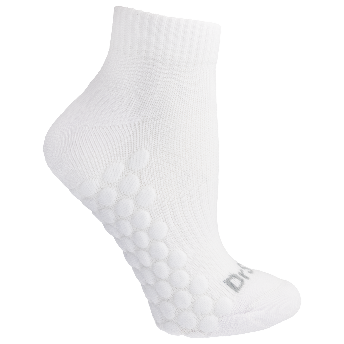 White ankle sock with textured sole on a white background
