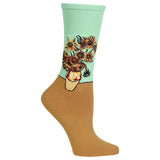 A single crew sock with a two-tone design, featuring a light brown lower half and a mint green upper half with a printed sunflower bouquet illustration. thumbnail