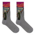 A pair of gray crew socks featuring a stylized print of Edvard Munch's 'The Scream' on the upper leg area, with a magenta and yellow wavy sky design at the top cuff.