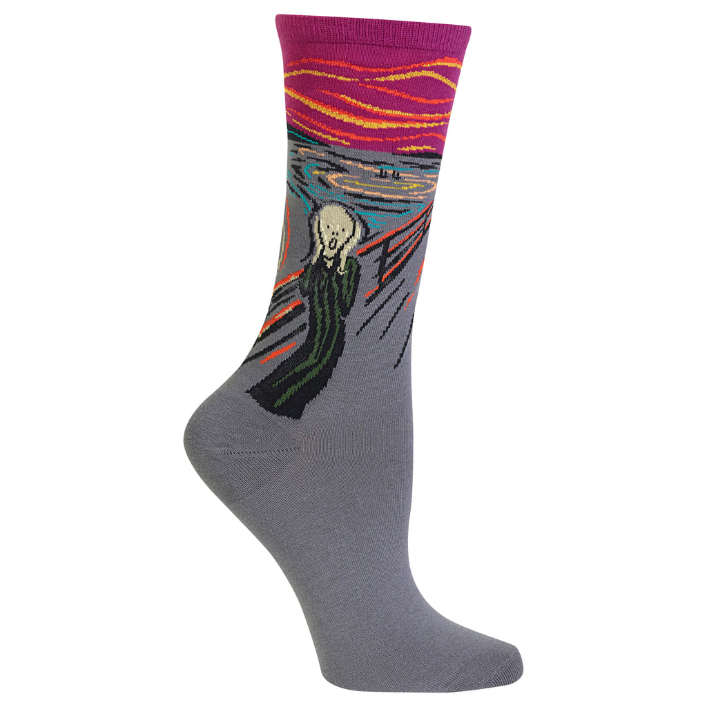 A single gray crew sock featuring a colorful knit graphic of Edvard Munch's 'The Scream' with a pink, orange, and yellow sky, shown on a plain white background.