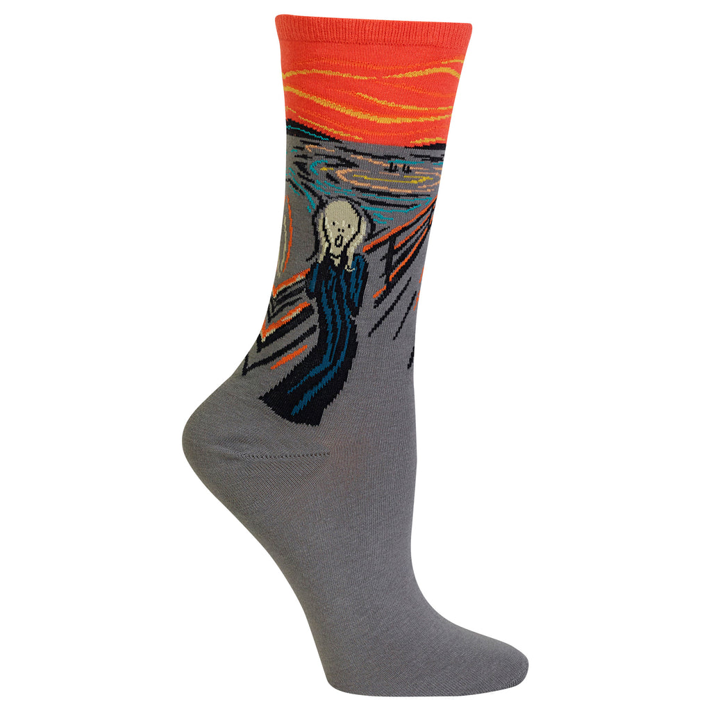 A single crew sock with a gray foot and toe, featuring a colorful print of Edvard Munch's 'The Scream' on the upper leg, with an orange and yellow sky at the top, shown on a white background.