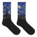 A pair of crew socks with a black lower half and a blue cuff printed with a Van Gogh-inspired swirling night sky design in yellow, white, and black.