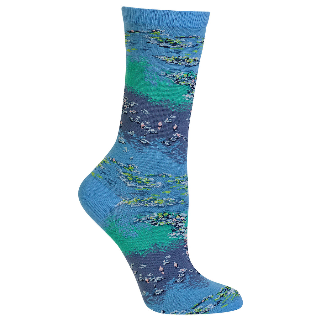 A single crew sock featuring an artistic print of a pond scene with blue water, green lily pads, and small fish, shown against a plain white background.