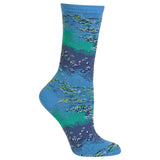 A single crew sock featuring an artistic print of a pond scene with blue water, green lily pads, and small fish, shown against a plain white background.