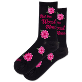 A pair of black crew socks with pink floral prints and the text 'Not the Worst the Mom Worst Mom' in pink script, displayed against a solid white background.