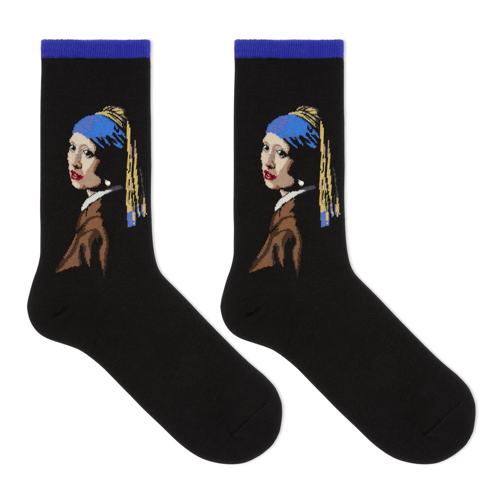 A pair of black crew socks featuring a stylized graphic of Vermeer's Girl with the Pearl Necklace, shown against a plain white background.