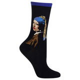 A single black crew sock featuring a knitted portrait of Johannes van Gogh's face and hair in blue, gold, brown, and white, with a purple cuff, shown on a plain white background.