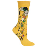 A single yellow crew sock featuring a stylized art print of Gustav Klimt's 'The Kiss' in black, white, green, red, and blue, shown against a plain white background. thumbnail