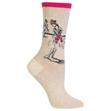 A single crew sock in a light beige heather color, featuring a graphic illustration of Edgar Degas' "Study of a Dancer" artwork featuring ballerinas on the leg. The sock has a bright pink ribbed cuff and a pink bow detail in the ballet tutu, shown against a plain white background. thumbnail
