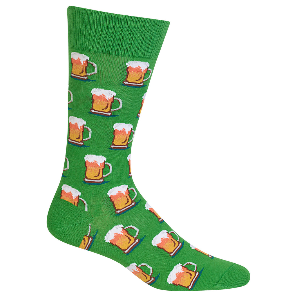 A single green crew sock with an all-over repeating pattern of frothy beer mugs, shown on a plain white background.