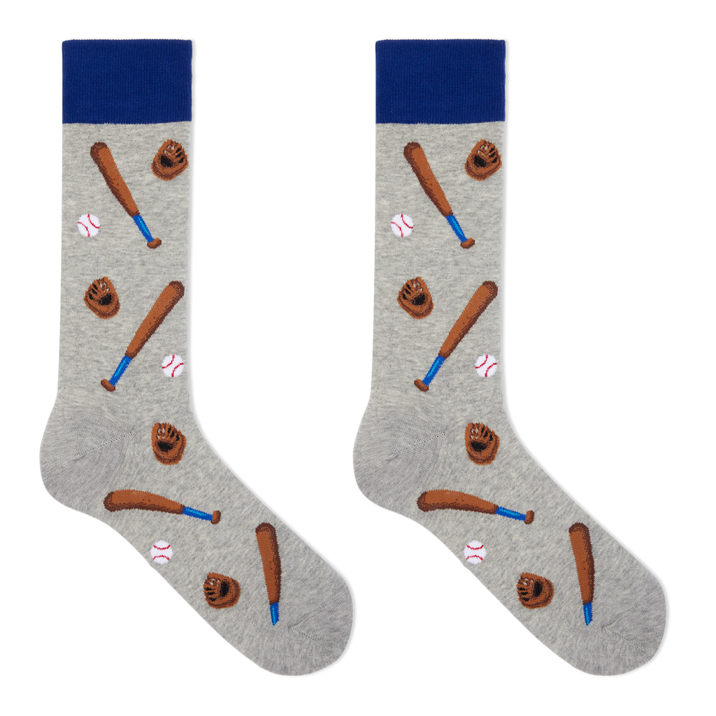 A pair of heather gray crew socks with a baseball-themed print featuring brown bats, gloves, balls, and a dark blue cuff, shown on a plain white background.