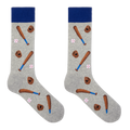 A pair of heather gray crew socks with a baseball-themed print featuring brown bats, gloves, balls, and a dark blue cuff, shown on a plain white background.