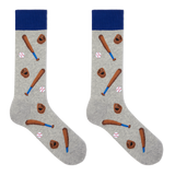 A pair of heather gray crew socks with a baseball-themed print featuring brown bats, gloves, balls, and a dark blue cuff, shown on a plain white background. thumbnail