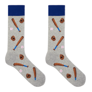 A pair of heather gray crew socks with a baseball-themed print featuring brown bats, gloves, balls, and a dark blue cuff, shown on a plain white background.