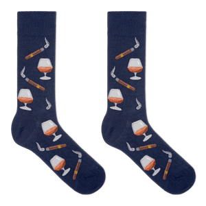 A pair of navy blue crew socks with a repeating pattern of cigars, smoking pipes, and cognac whiskey glasses, displayed against a solid white background.